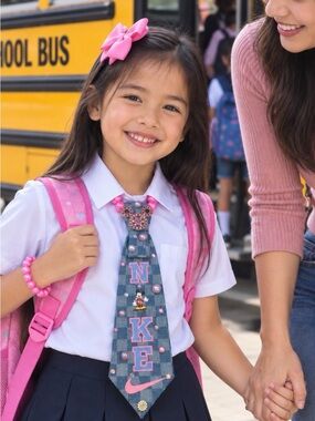 Girls Custom Denim Tie Necklace & Bracelet Set Pink Bling